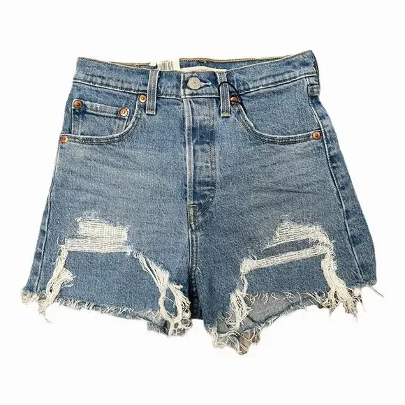 Levi's Ribcage Denim Cutoff Shorts 25 Tango Feels New NWT Distressed High Rise - Picture 2 of 7